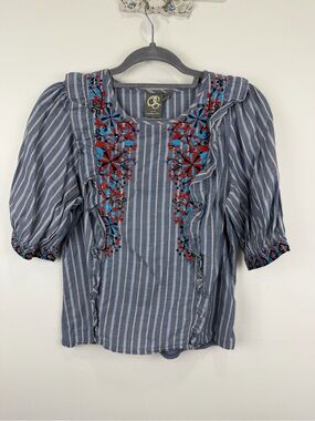Anthropologie One September Embroidered Stripe Ruffle Boho Blouse XS